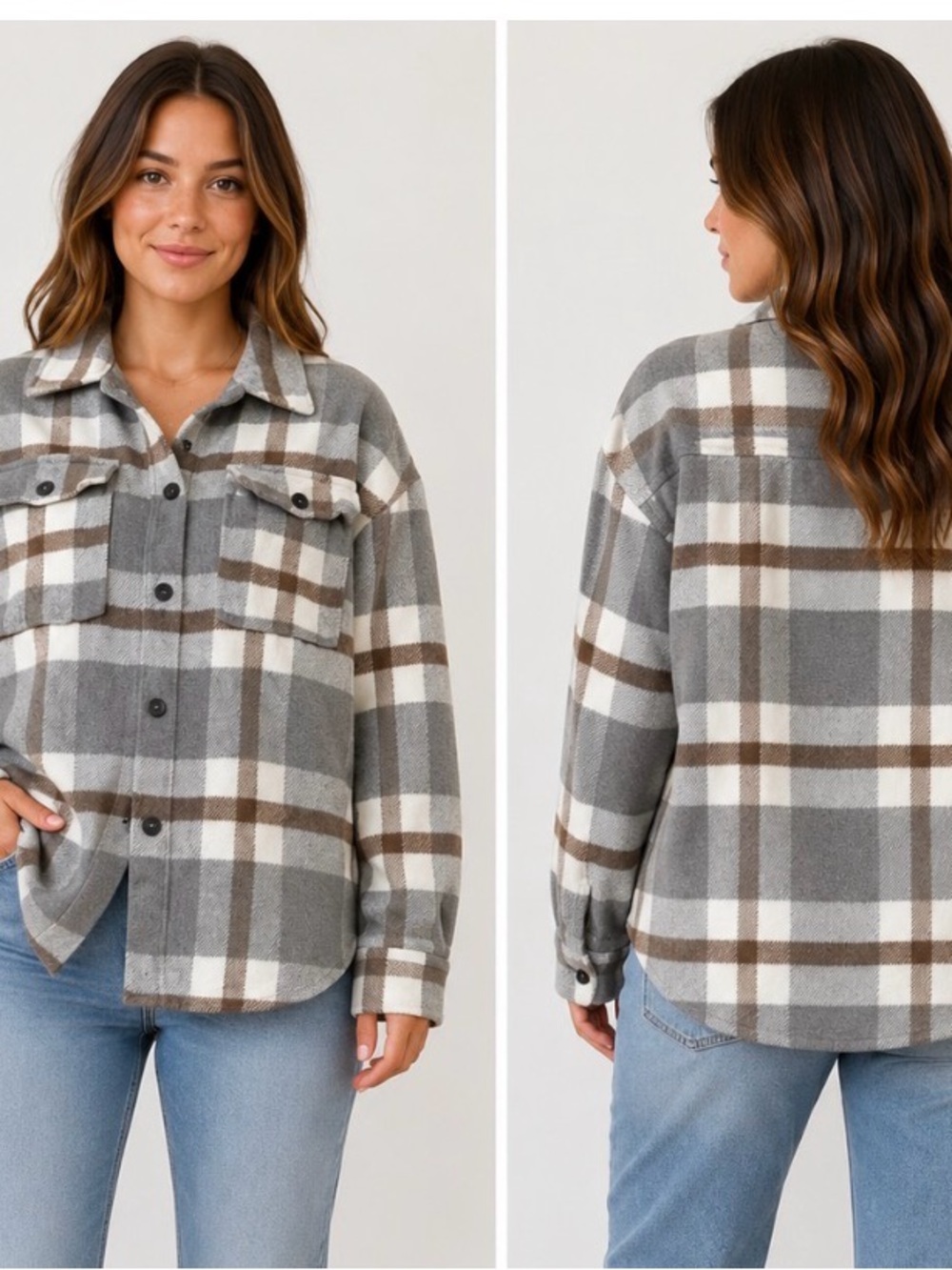 Women's Plaid Flannel Shirt Jacket - Gray & Brown Fall/winter button up SZ SM